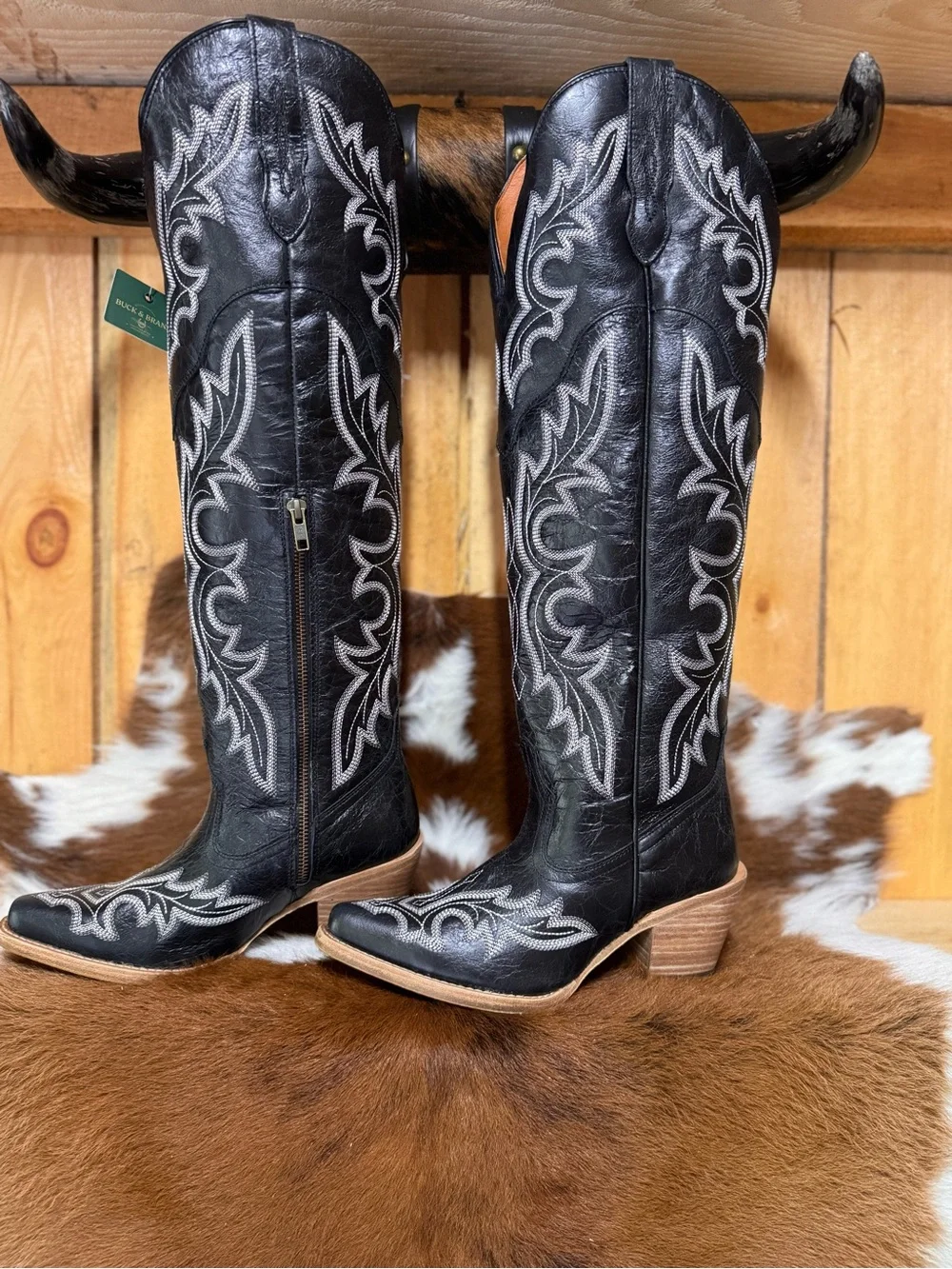 Embroidered Black Over-the-Knee Western Boots with Side Zip